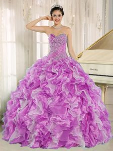 Lavender and White Ruffles Sweetheart Beaded Quinceanera Ball Gown