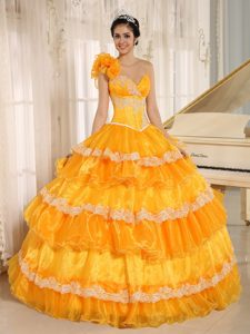 One Shoulder with Rosettes Yellow Quinceanera Dress with Appliques Ruffles