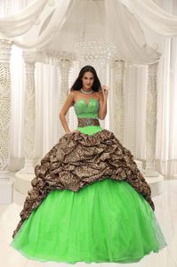 Leopard Quinceanera Dress Strapless Floor Length with Beading Decorate