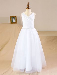Glamorous White Sleeveless Floor Length Beading Zipper Flower Girl Dresses