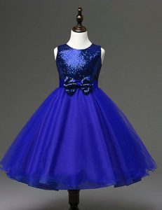 Scoop Ankle Length Zipper Toddler Flower Girl Dress Royal Blue for Party and Wedding Party with Sequins and Bowknot