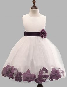Scoop White A-line Appliques and Hand Made Flower Flower Girl Dresses Zipper Tulle Sleeveless Floor Length