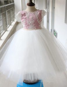 Scoop Cap Sleeves Zipper Flower Girl Dresses for Less White and Lilac Tulle