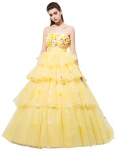 High Class Yellow Organza Lace Up Prom Party Dress Sleeveless With Train Ruffled Layers and Hand Made Flower