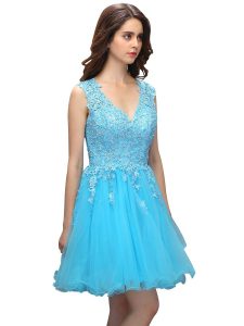 Baby Blue A-line Organza V-neck Sleeveless Beading and Appliques Knee Length Backless Prom Evening Gown