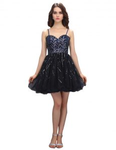 Modest Black Spaghetti Straps Lace Up Sequins Cocktail Dress Sleeveless