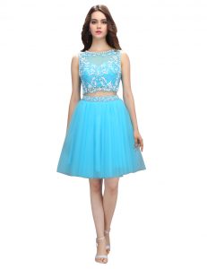 Delicate Tulle Scoop Sleeveless Backless Appliques Cocktail Dress in Baby Blue