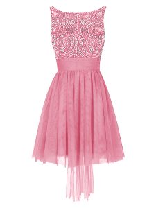 Flare Bateau Sleeveless Zipper Prom Evening Gown Pink Tulle