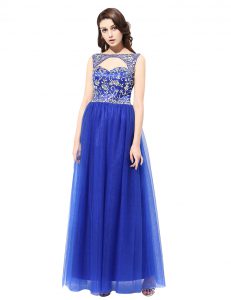 Blue Bateau Neckline Beading Dress for Prom Sleeveless Zipper