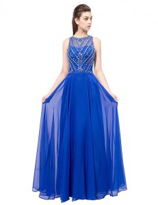 Royal Blue Chiffon Zipper Scoop Sleeveless Floor Length Dress for Prom Beading
