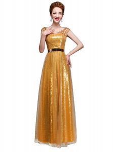 Pretty Gold Scoop Neckline Beading and Sequins and Belt Prom Evening Gown Cap Sleeves Zipper