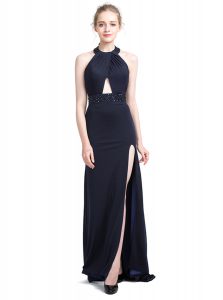 Best Halter Top With Train Backless Evening Wear Black for Prom and Party with Beading Brush Train