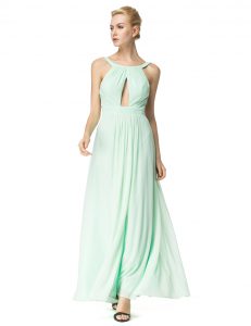 Scoop Sleeveless Chiffon Floor Length Backless Dress for Prom in Turquoise with Ruching