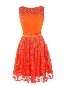 Superior Scoop Sleeveless Lace Mini Length Zipper Dress for Prom in Orange Red with Lace