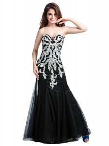 Gorgeous Sleeveless Tulle Floor Length Zipper Evening Dress in Black with Beading and Lace