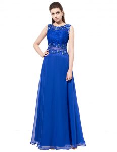 Classical Scoop Beading and Lace Dress for Prom Royal Blue Zipper Sleeveless Floor Length