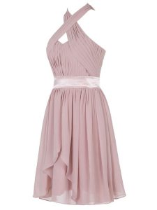 Sleeveless Mini Length Ruching Backless Dress for Prom with Pink