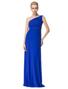 Decent Royal Blue Chiffon Side Zipper One Shoulder Sleeveless Floor Length Prom Party Dress Ruching