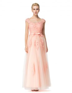 Scoop Peach Cap Sleeves Tulle Zipper Homecoming Dress for Prom and Party