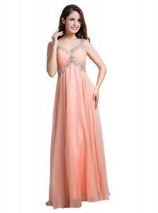 Peach V-neck Backless Beading Prom Dresses Sleeveless