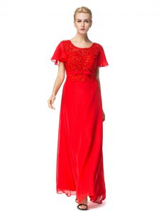 Cute Scoop Red Short Sleeves Floor Length Beading and Appliques Backless Prom Dress