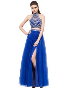 Hot Selling Floor Length Royal Blue Homecoming Dress Tulle Sleeveless Beading