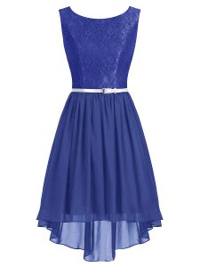 Popular Scoop Blue Chiffon Side Zipper Cocktail Dress Sleeveless High Low Lace and Belt