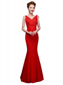 Unique Red Lace Up V-neck Lace Dress for Prom Lace Sleeveless