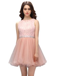 Scoop Sleeveless Organza Mini Length Zipper Cocktail Dress in Peach with Beading and Lace