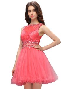 Watermelon Red Organza Zipper Bateau Sleeveless Mini Length Prom Dresses Beading and Lace