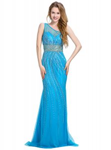 Attractive One Shoulder Baby Blue Zipper Prom Gown Beading Sleeveless With Brush Train