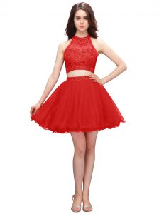Traditional Coral Red High-neck Zipper Beading Cocktail Dresses Sleeveless