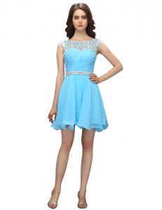 Baby Blue Organza Zipper Cocktail Dresses Sleeveless Knee Length Beading and Ruching