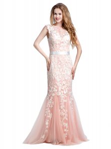 Pink Zipper Scoop Lace and Appliques Evening Dress Tulle Cap Sleeves Brush Train