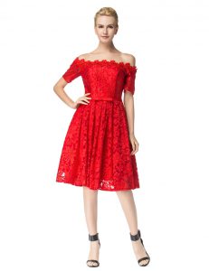 Traditional Off The Shoulder Sleeveless Zipper Cocktail Dresses Red Lace