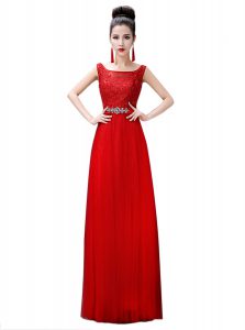 Red Chiffon Zipper Bateau Sleeveless Floor Length Prom Dress Beading and Lace