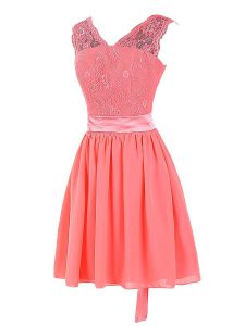 Dramatic Sleeveless Mini Length Lace and Sashes ribbons Zipper Evening Dress with Watermelon Red