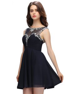 Customized Black Empire Beading Prom Evening Gown Zipper Chiffon Sleeveless Knee Length