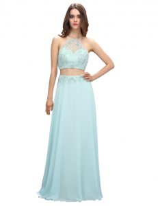 Vintage Scoop Sleeveless Chiffon Floor Length Zipper Homecoming Dress in Light Blue with Beading