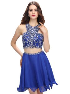 Captivating Scoop Sleeveless Mini Length Beading Zipper Prom Gown with Blue