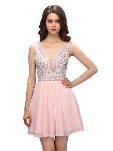 Custom Made Baby Pink V-neck Zipper Beading Dress for Prom Sleeveless