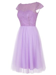 Delicate Bateau Cap Sleeves Homecoming Dress Knee Length Beading Lavender Tulle