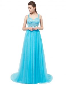 Sleeveless Tulle With Brush Train Zipper Prom Party Dress in Aqua Blue with Beading
