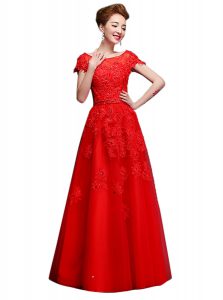 Most Popular Floor Length A-line Short Sleeves Red Evening Gowns Lace Up