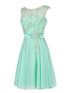 Unique Turquoise Dress for Prom Prom and Party and For with Beading and Appliques Scoop Sleeveless Zipper
