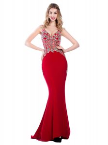With Train Mermaid Sleeveless Red Prom Gown Brush Train Backless