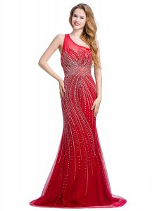 One Shoulder Beading Dress for Prom Red Zipper Sleeveless With Brush Train