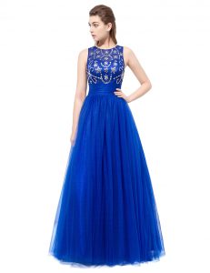 Scoop Royal Blue Backless Prom Gown Beading Sleeveless Floor Length