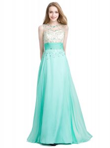 Scoop Sleeveless Floor Length Beading Zipper Dress for Prom with Turquoise