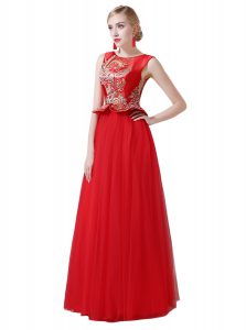Red Tulle Zipper Scoop Sleeveless Floor Length Mother Of The Bride Dress Beading and Appliques